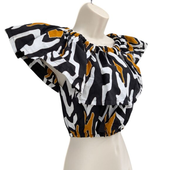 Francis Benedict Crop Top Womens Black Gold African Flutter Sleeve Pullover OS - Picture 2 of 8